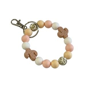 Silicone Beaded Keychain Cactus Charm Wristlet For Women Peach White